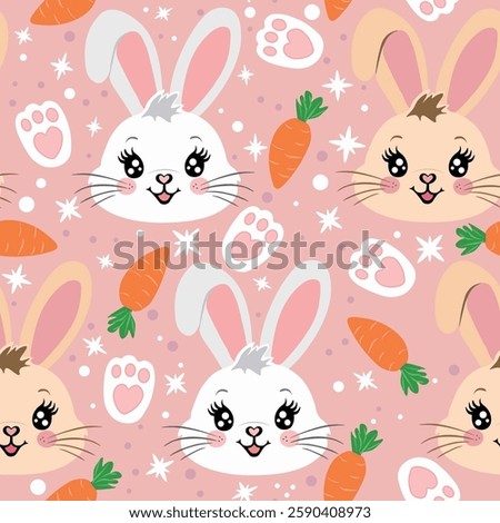 A seamless kawaii bunny pattern featuring adorable white and beige rabbit faces on a soft pink background.Easter designs