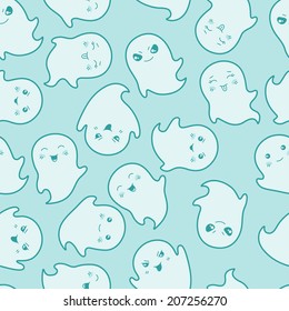 Seamless kawaii cartoon pattern with cute ghosts.