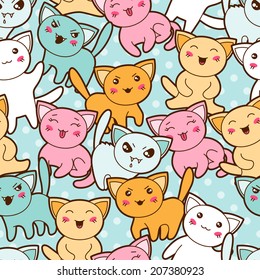 Seamless kawaii cartoon pattern with cute cats.