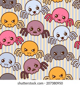 Seamless kawaii cartoon pattern with cute spiders.