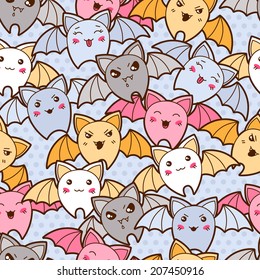 Seamless kawaii cartoon pattern with cute bats.