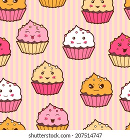 Seamless kawaii cartoon pattern with cute cupcakes.