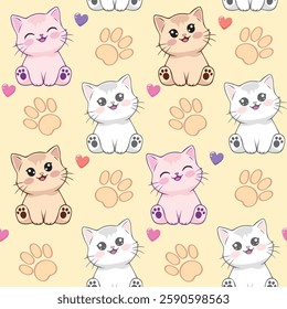 A seamless kawaii cat pattern featuring adorable pastel-colored kittens on a soft beige background. Decorated with paw prints, hearts, and a playful design.