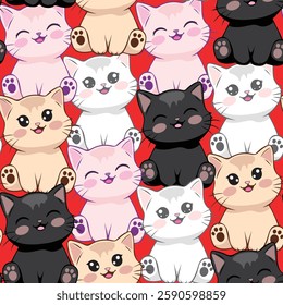 A seamless kawaii cat pattern featuring adorable pastel, black, and white kittens on a bold red background. This vibrant and playful repeating pattern is perfect for baby products, children's fabrics