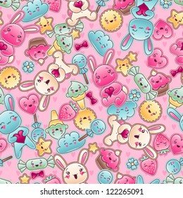 Seamless kawaii child pattern with cute doodles.