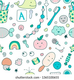 Seamless kawaii child pattern with cute doodles.