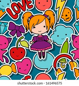 Seamless kawaii child pattern with cute doodles.