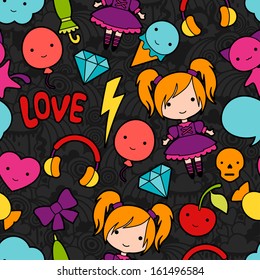 Seamless kawaii child pattern with cute doodles.