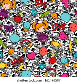 Seamless kawaii child pattern with cute doodles.