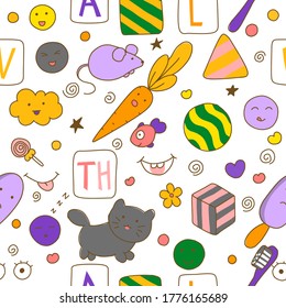 Seamless kawaii child pattern with cute doodles.