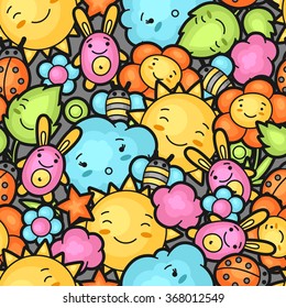 Seamless kawaii child pattern with cute doodles. Spring collection of cheerful cartoon characters sun, cloud, flower, leaf, beetles and decorative objects.