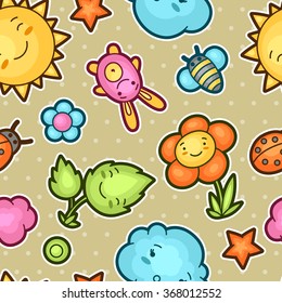 Seamless kawaii child pattern with cute doodles. Spring collection of cheerful cartoon characters sun, cloud, flower, leaf, beetles and decorative objects.