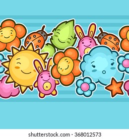 Seamless kawaii child pattern with cute doodles. Spring collection of cheerful cartoon characters sun, cloud, flower, leaf, beetles and decorative objects.