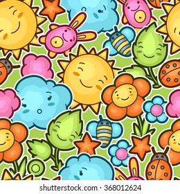 Seamless kawaii child pattern with cute doodles. Spring collection of cheerful cartoon characters sun, cloud, flower, leaf, beetles and decorative objects.