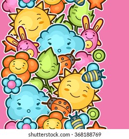 Seamless kawaii child pattern with cute doodles. Spring collection of cheerful cartoon characters sun, cloud, flower, leaf, beetles and decorative objects.