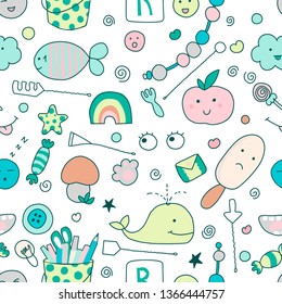Seamless kawaii child pattern with speech therapy tools with cute doodles.