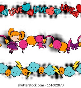 Seamless kawaii child patterns with cute doodles.