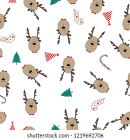 Seamless Kawaii Christmas element pattern white background for background, wallpaper, fabric or paper print product. Vector design.