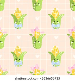 Seamless kawaii corn pattern with cute champignon faces. Ideal for kids textiles, autumn wrapping paper, and forest-themed designs