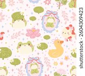 Seamless Kawaii Cottagecore Pattern with Frogs, Ducks, Koi Fish, Lotus Flowers, and Lily Pads Cute Pastel Pond Animal Design