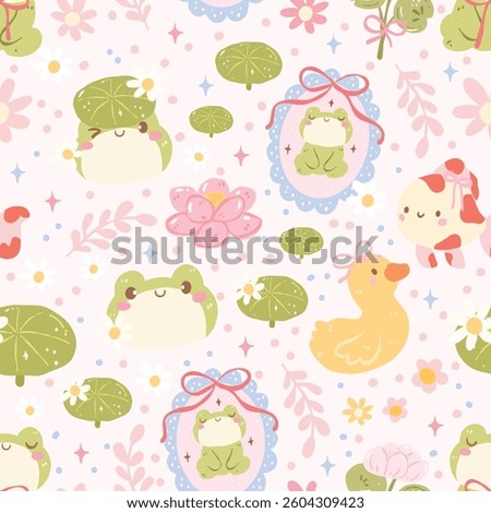 Seamless Kawaii Cottagecore Pattern with Frogs, Ducks, Koi Fish, Lotus Flowers, and Lily Pads Cute Pastel Pond Animal Design