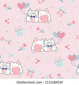 Seamless Kawaii Cute Cats Fallin’ in Love, Cartoon Animals Pattern design for scrapbooking, decoration, cards, paper goods, background, wallpaper, wrapping, fabric and all your creative projects 