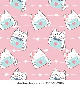 Seamless Kawaii Cute Cats Fallin’ in Love, Cartoon Animals Pattern design for scrapbooking, decoration, cards, paper goods, background, wallpaper, wrapping, fabric and all your creative projects 