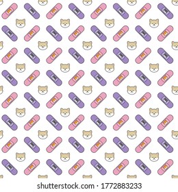 seamless kawaii cute transparent background pattern of lilac pink sticking plaster of happy shiba inu dog puppy inside white dotted heart, vector printable pastel color icon illustration in flat style