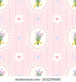 Seamless kawaii flower pattern with chamomile and pastel tones. Perfect for spring textiles and cute backgrounds