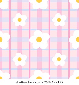 Seamless kawaii flower pattern with chamomile and pastel tones. Perfect for spring textiles and cute backgrounds