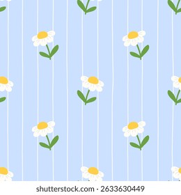 Seamless kawaii flower pattern with chamomile and pastel tones. Perfect for spring textiles and cute backgrounds