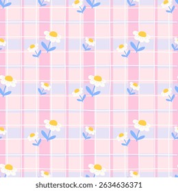 Seamless kawaii flower pattern with chamomile and pastel tones. Perfect for spring textiles and cute backgrounds
