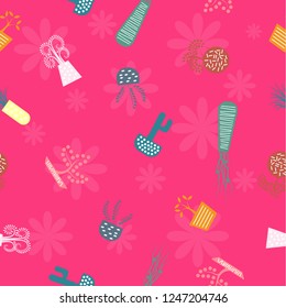 Seamless kawaii flower pot pattern on pink background, for paper print or ornament business. Vector design.