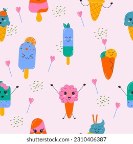 Seamless kawaii ice cream pattern hand drawn. 