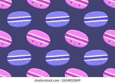 Seamless kawaii macaron pattern in pink and purple tones with cute faces on a dark blue background. Ideal for kids' products, fabric, and fun food-themed designs.

