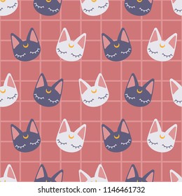 Seamless kawaii magic kitten vector repeat pattern. Yellow shiny moons on foreheads. Checkered pastel pink background. Cute design for textiles, cards, stationery and paper products etc.