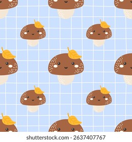 Seamless kawaii mushroom pattern with cute champignon faces. Ideal for kids textiles, autumn wrapping paper, and forest-themed designs