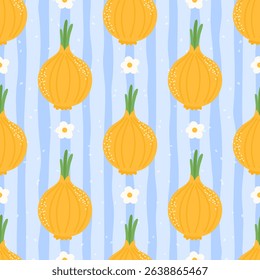 Seamless kawaii onion vector pattern with floral touches. Perfect for kids clothing, wrapping paper, organic food designs, and seasonal decor