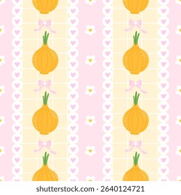 Seamless kawaii onion vector pattern with floral touches. Perfect for kids clothing, wrapping paper, organic food designs, and seasonal decor