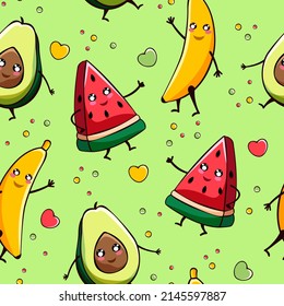 Seamless kawaii pattern with avocado, watermelon, strawberry and banana. Pattern for fabric or wrapping paper.