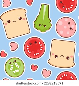 Nahtlose kawaii-Muster von Brot, Wurst und Gemüse