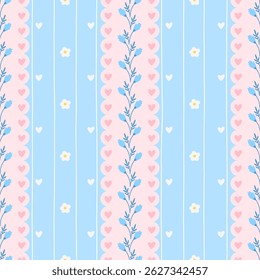 Seamless kawaii pattern with chamomile and daisy flowers in soft pastel colors. Cute vector design perfect for nursery decor, kids textiles, and wrapping paper