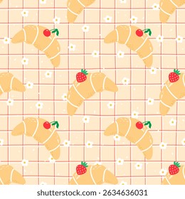 Seamless kawaii pattern with croissants, strawberries and gingham background. Hand-drawn vector on a striped background, perfect for cute textiles and wrapping