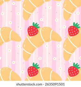 Naadloze kawaii patroon met croissants en aardbeien. Handgetekende vector op een gestreepte achtergrond, perfect voor schattig textiel en verpakking
