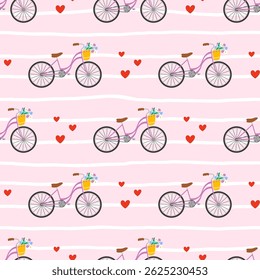 Seamless kawaii pattern with cute bicycles, flower baskets, and blooming spring details. Adorable vector design perfect for summer textiles, children wallpapers, and wrapping paper