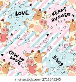 Seamless kawaii pattern with cute cartoon cows in love, hearts and hand drawn stars on pastel pink and blue diagonal stripes. Fun kidcore background for children textile, pajamas, wrapping paper, stationery and Valentine designs.