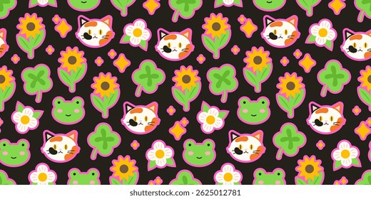 Seamless kawaii pattern with cute cat faces, smiling frogs, sunflowers, daisies, clovers, and sparkles on black background. Perfect for kids' products, textile prints, stickers, and school supplies.