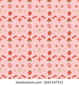 Seamless kawaii pattern with cute fruits, flowers, stars, and heart-shaped locks in red and pink tones on a pastel background. Perfect for kids' textiles, wrapping paper, modern designs.