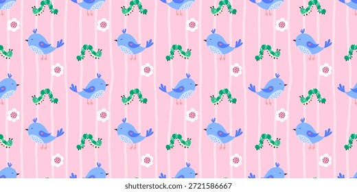 Patrón kawaii sin fisuras con gorriones lindos, gusano y flores. Perfecto para diseños de vivero de primavera y verano, ropa para niños y una decoración acogedora de la habitación