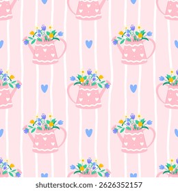 Seamless kawaii pattern featuring watering cans, blooming flowers, and springtime vibes. Perfect for garden-themed textiles, nursery decor, and childrens clothing